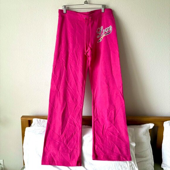 Love N Kisses y2k 2000s Pink Rhinestone Flared Track Pants M - Picture 2 of 5